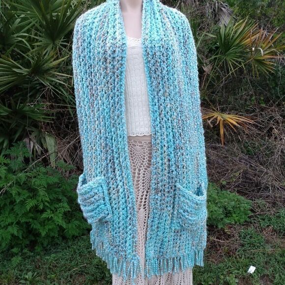 HANDMADE Absolutely Gorgeous & Soft Aqua/Tan/White X-Large Wrap w/Pockets Fringe - Picture 11 of 11